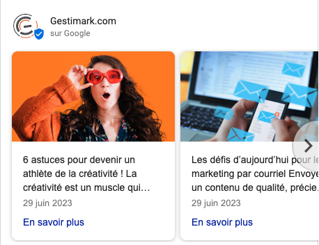 Une image de Google montrant deux publications de Gestimark sur des astuces de créativité et les défis du marketing par courriel.