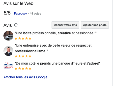 Une image des avis Google d'une entreprise. La note de 5/5 est affichée avec trois rédactions d'avis par des clients satisfaits.