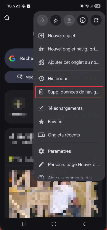 Option Supprimer les données de navigation dans le menu Chrome