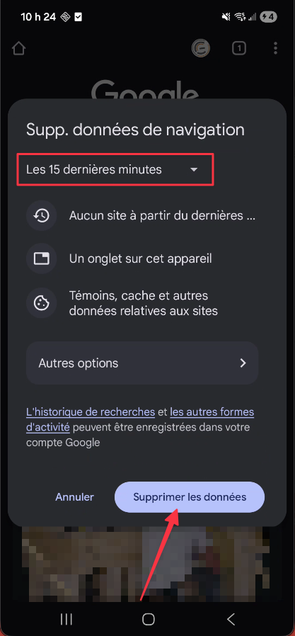 Fenêtre Supprimer les données de navigation dans Chrome sur Android