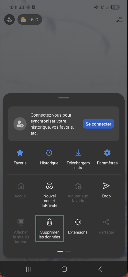 Icône Supprimer les données dans le menu Edge sur Android