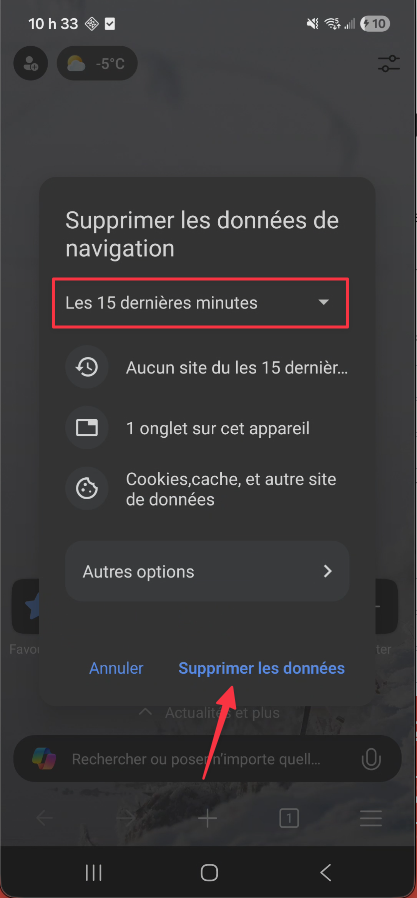 Fenêtre Supprimer les données de navigation dans Edge sur Android