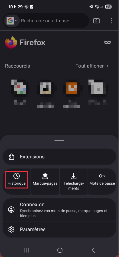 Icône Historique dans le menu Firefox sur Android