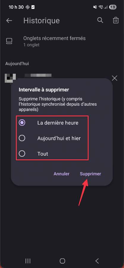 Fenêtre Intervalle à supprimer dans Firefox sur Android