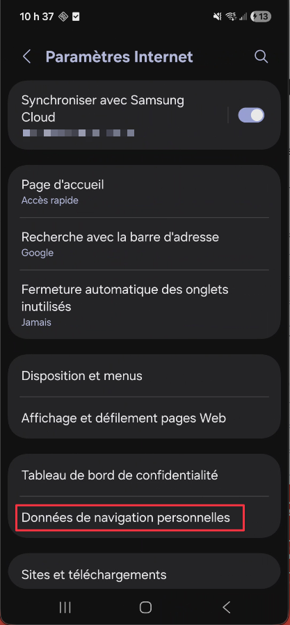 Option Données de navigation personnelles dans les Paramètres Internet
