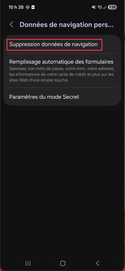 Option Suppression données de navigation dans Samsung Internet