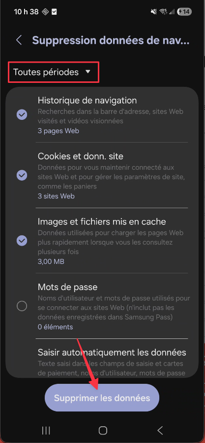 Page Suppression données de navigation dans Samsung Internet