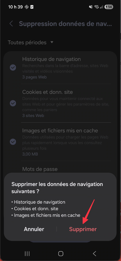 Fenêtre de confirmation de suppression dans Samsung Internet