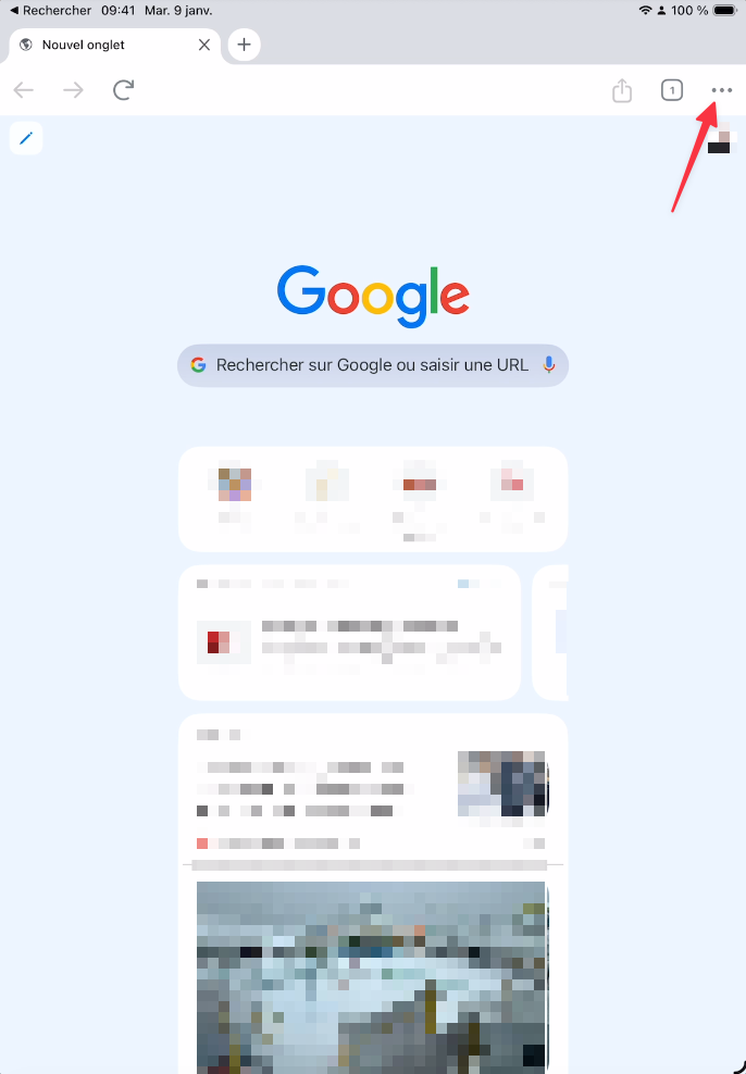 Menu trois points dans Chrome sur iPad