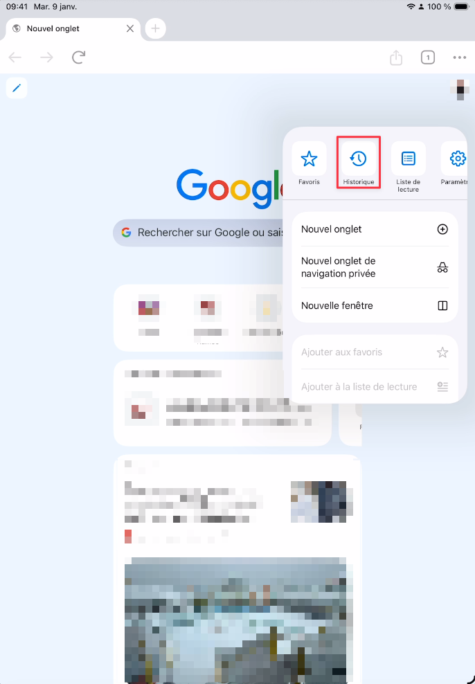 Icône Historique dans le menu Chrome sur iPad