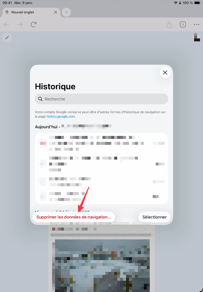 Bouton Supprimer les données de navigation en bas du panneau Historique de Chrome