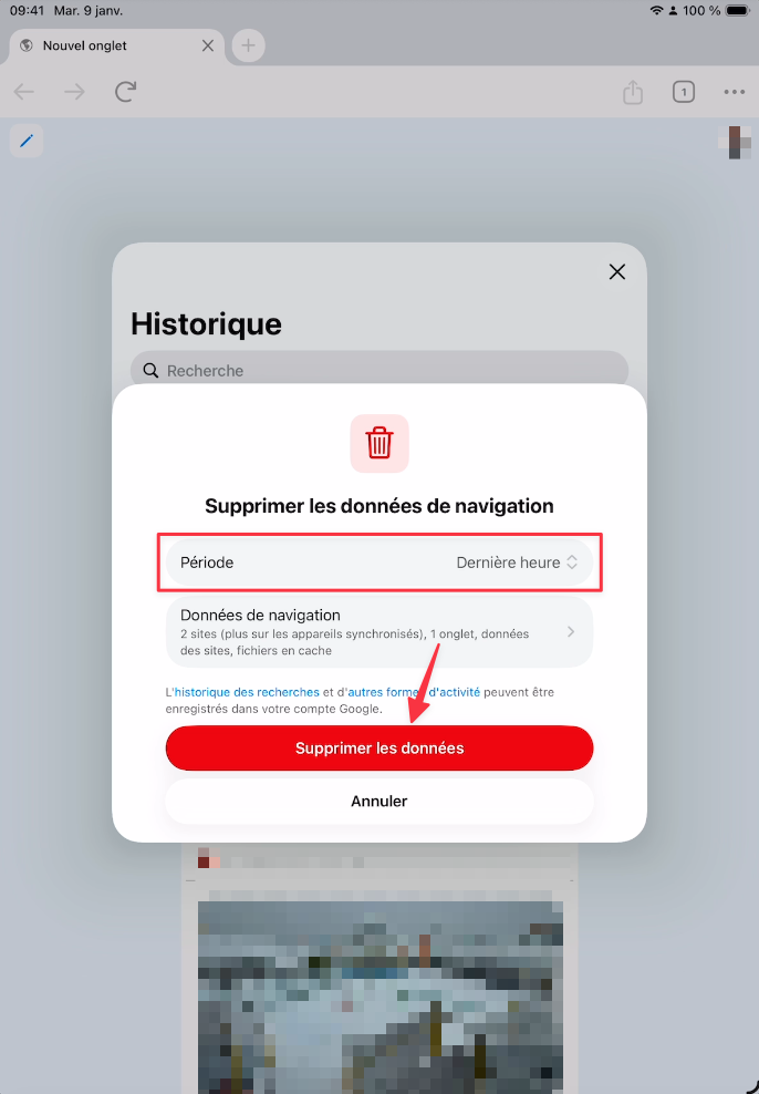 Fenêtre Supprimer les données de navigation dans Chrome sur iPad