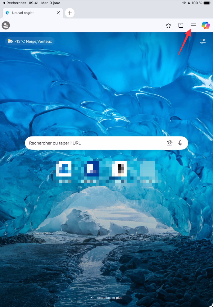 Menu hamburger dans Edge sur iPad