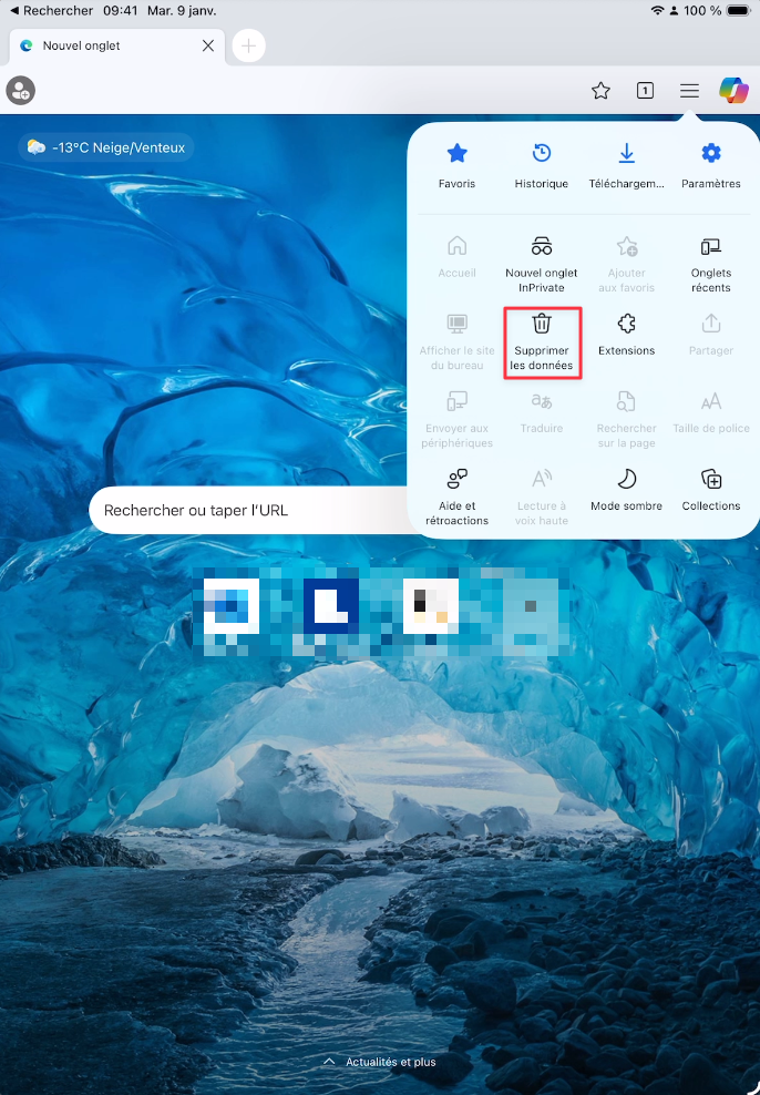 Icône Supprimer les données dans le menu Edge sur iPad