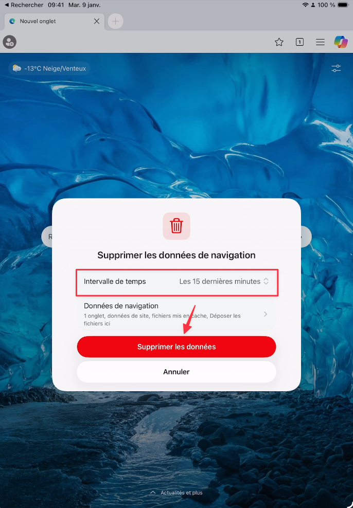 Fenêtre Supprimer les données de navigation dans Edge sur iPad