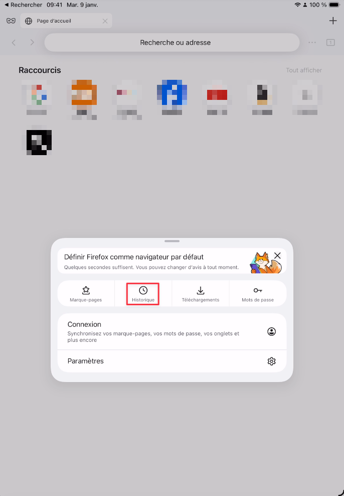 Icône Historique dans le menu Firefox sur iPad