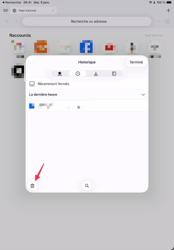 Icône corbeille en bas à gauche du panneau Historique de Firefox sur iPad