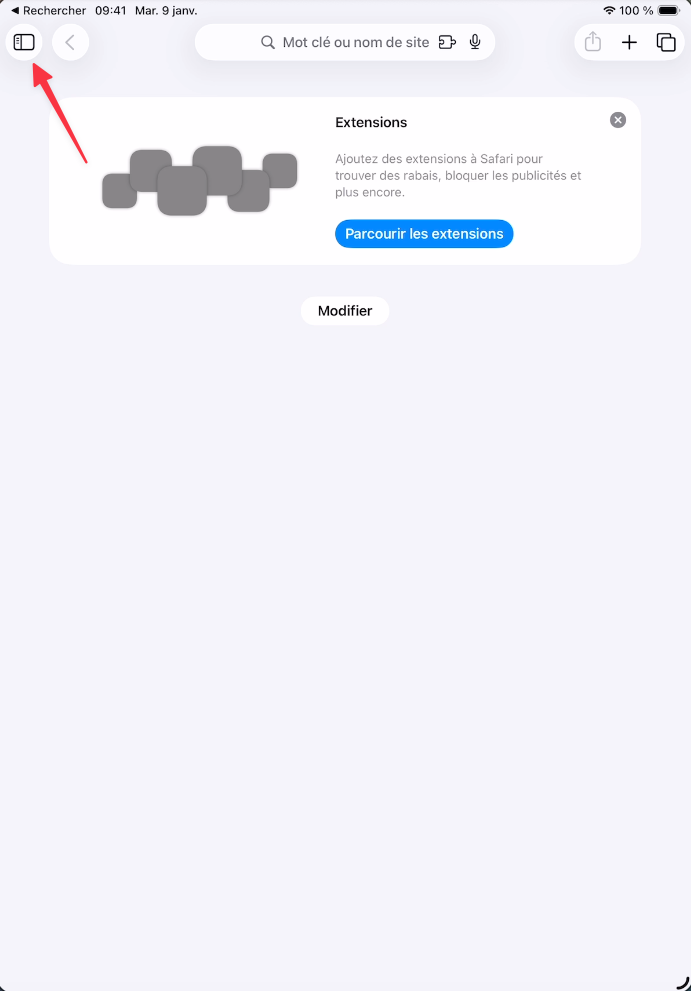 Icône du panneau latéral dans Safari sur iPad
