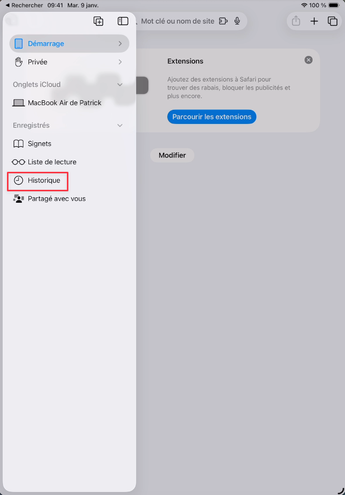 Option Historique dans le panneau latéral de Safari sur iPad
