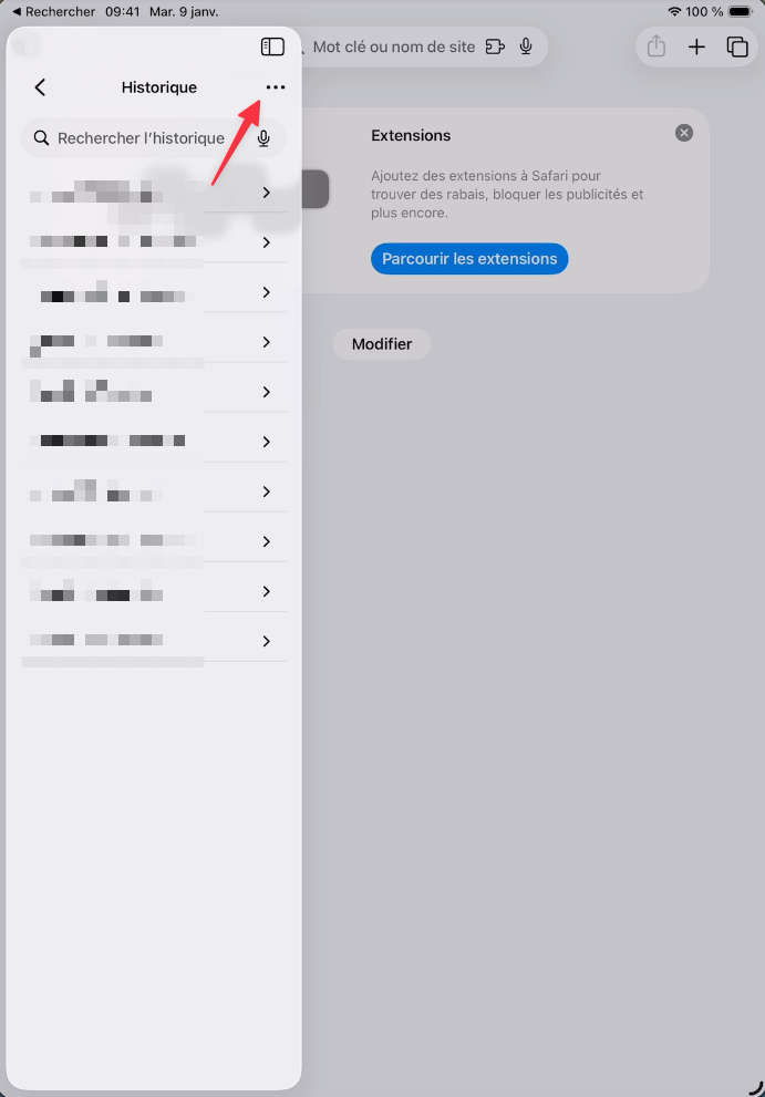 Bouton de menu trois points dans l'Historique de Safari sur iPad