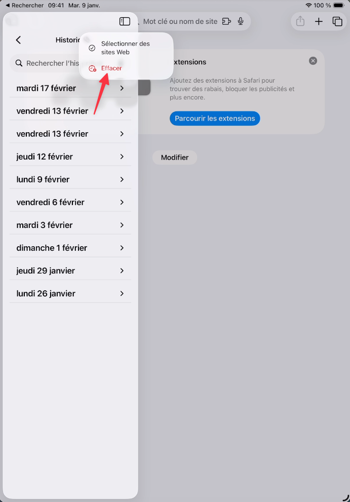 Option Effacer dans le menu contextuel de l'Historique Safari sur iPad
