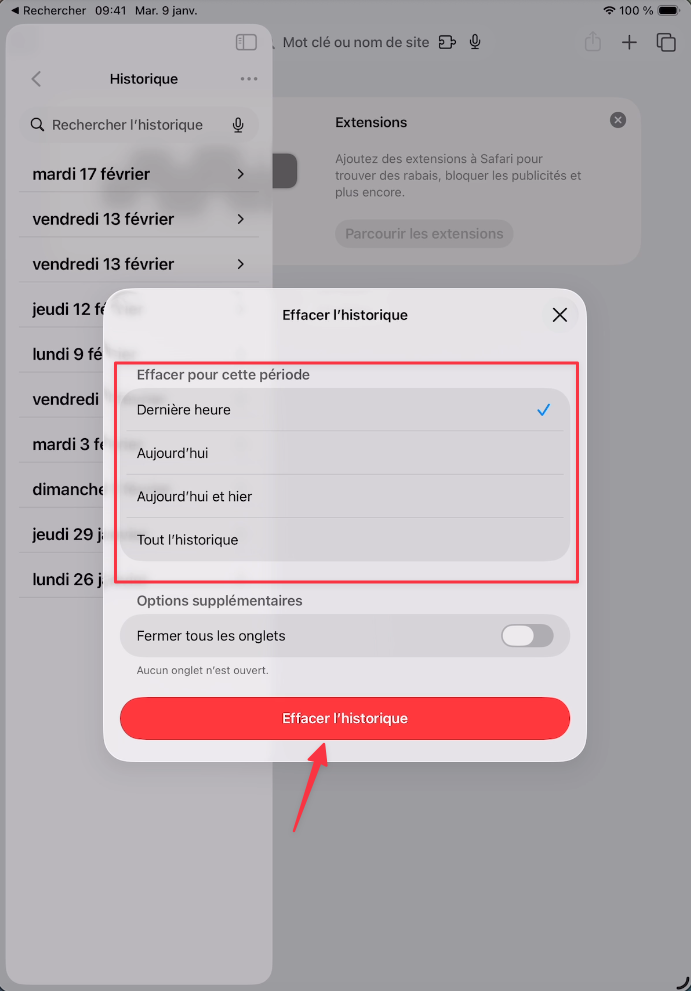Fenêtre Effacer l'historique dans Safari sur iPad