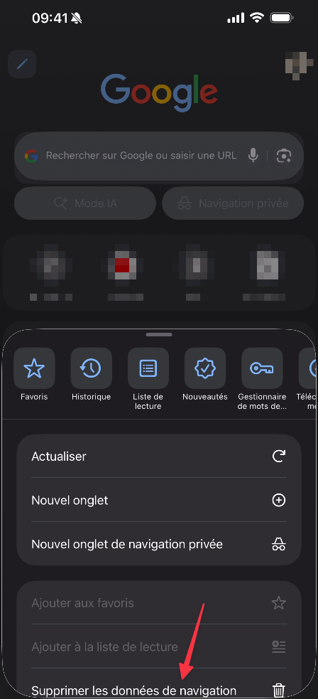 Menu Chrome avec option Supprimer les données de navigation visible en bas