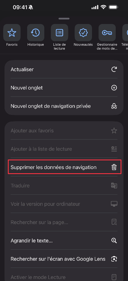 Option Supprimer les données de navigation sélectionnée dans Chrome