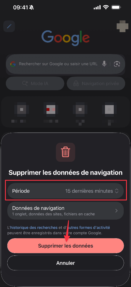 Fenêtre Supprimer les données de navigation dans Chrome sur iPhone