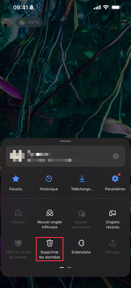 Icône Supprimer les données dans le menu Edge sur iPhone