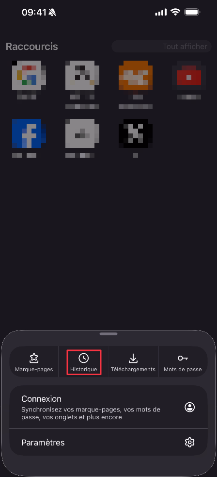 Icône Historique dans le menu Firefox sur iPhone