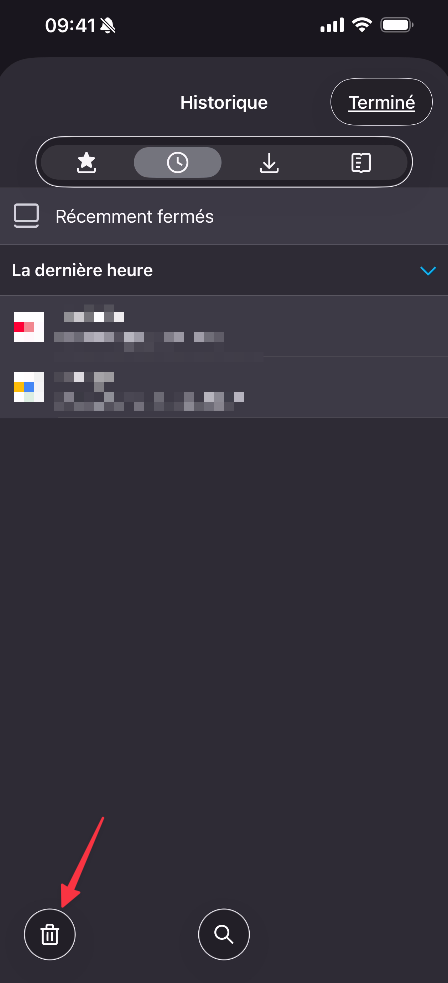Icône corbeille en bas à gauche sur la page Historique de Firefox