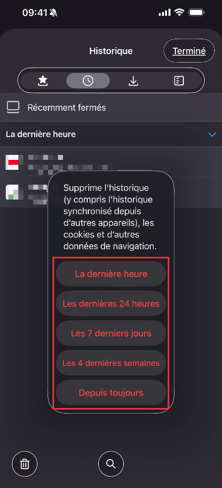 Fenêtre de choix de la période à supprimer dans Firefox sur iPhone