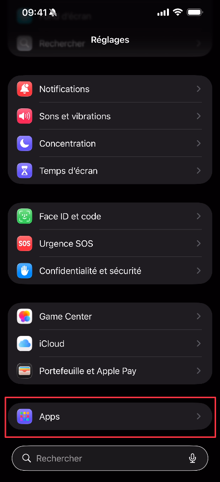 Option Apps dans les Réglages de l'iPhone