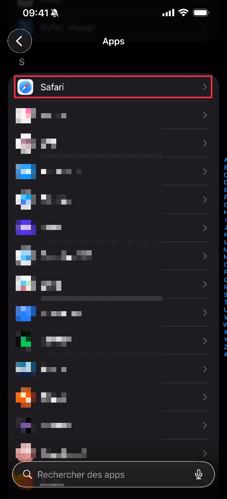Safari dans la liste des applications dans Réglages