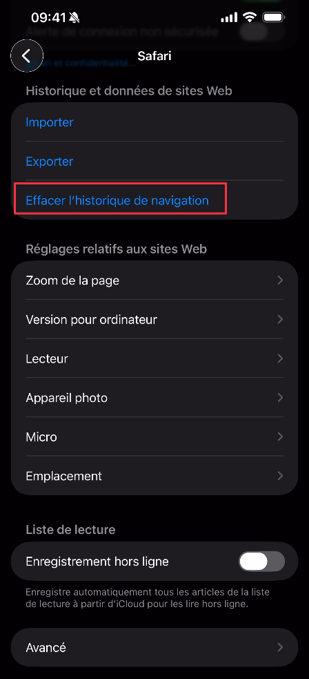 Option Effacer l'historique de navigation dans les réglages de Safari