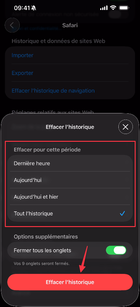 Fenêtre Effacer l'historique dans les réglages Safari de l'iPhone