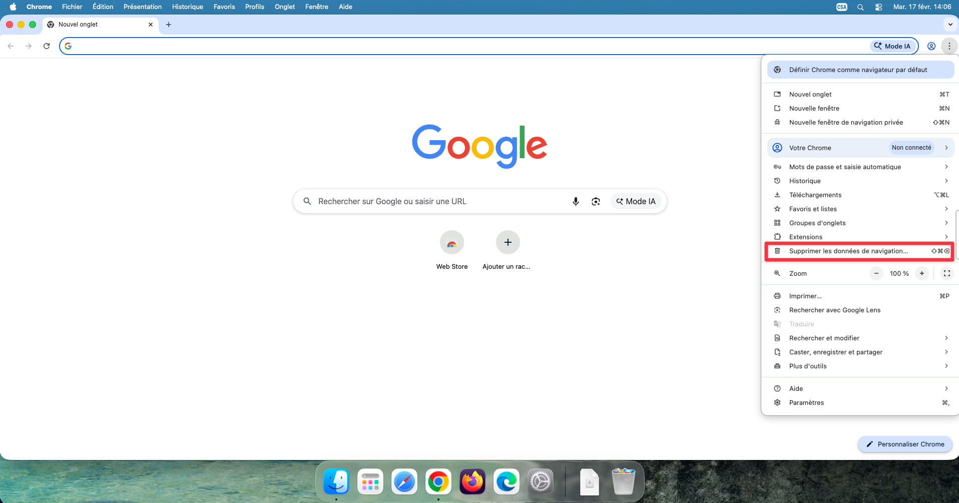 Option Supprimer les données de navigation dans le menu Chrome