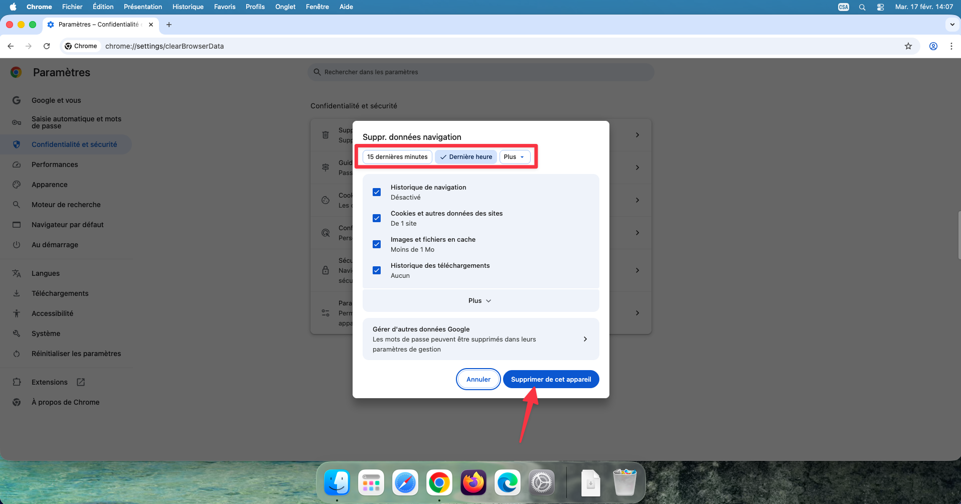 Fenêtre de suppression des données de navigation dans Chrome
