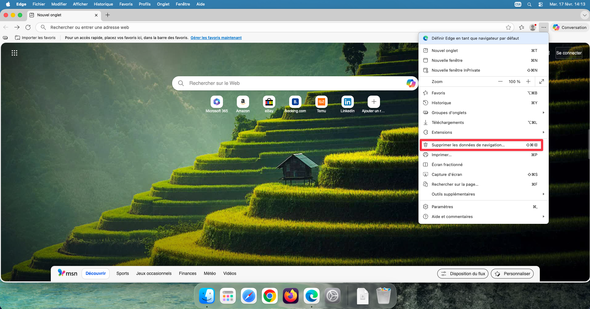 Option Supprimer les données de navigation dans le menu Edge