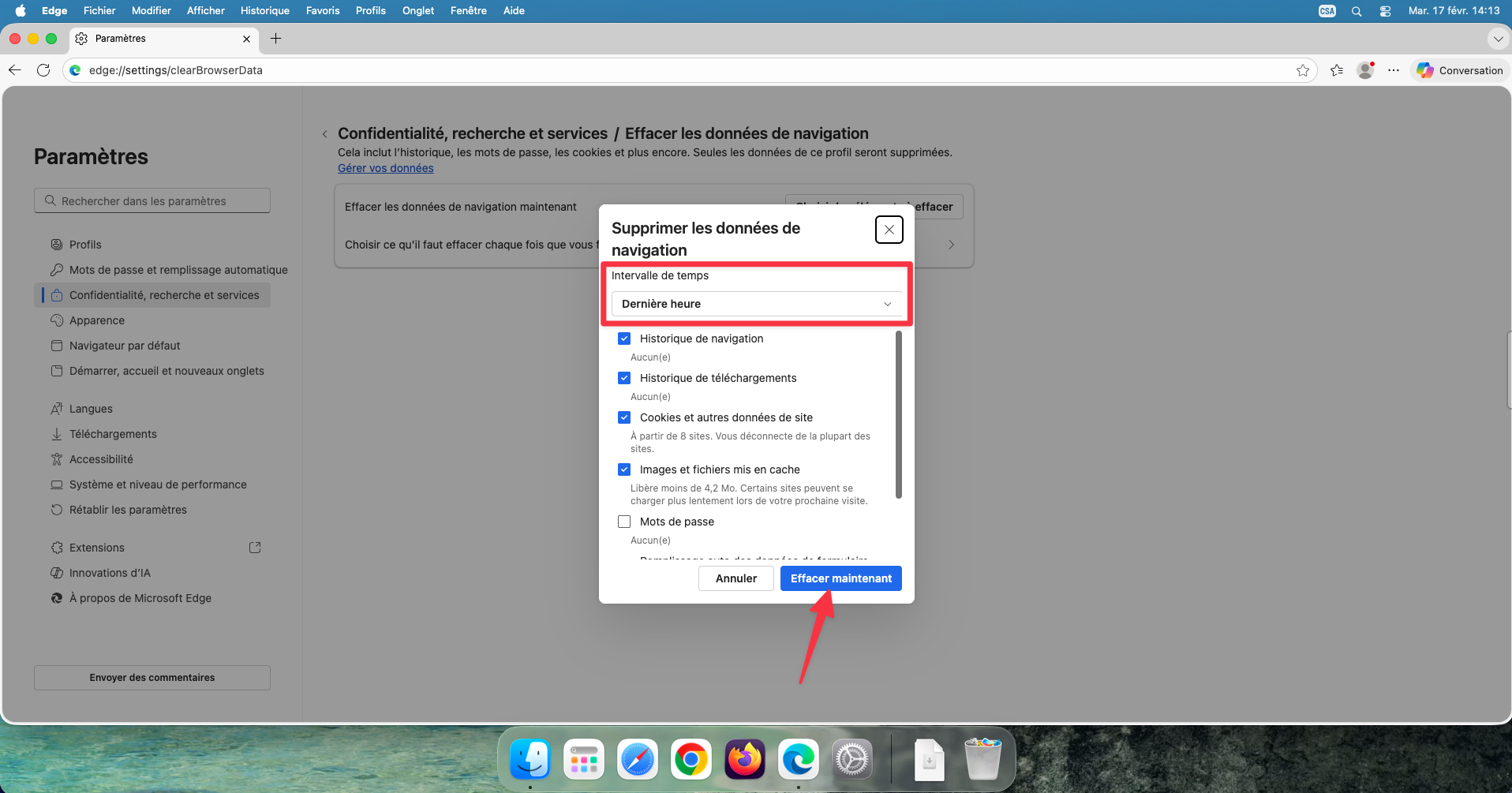 Fenêtre Supprimer les données de navigation dans Edge
