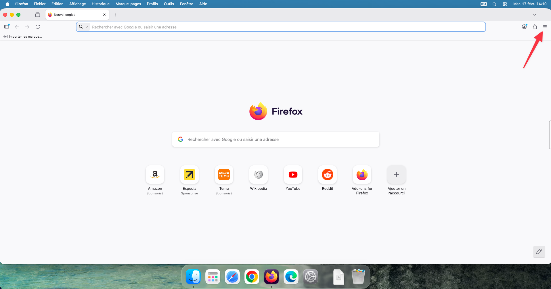 Menu hamburger dans Firefox sur Mac