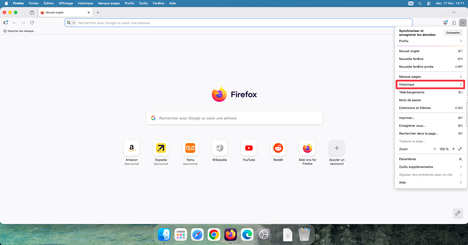 Option Historique dans le menu Firefox