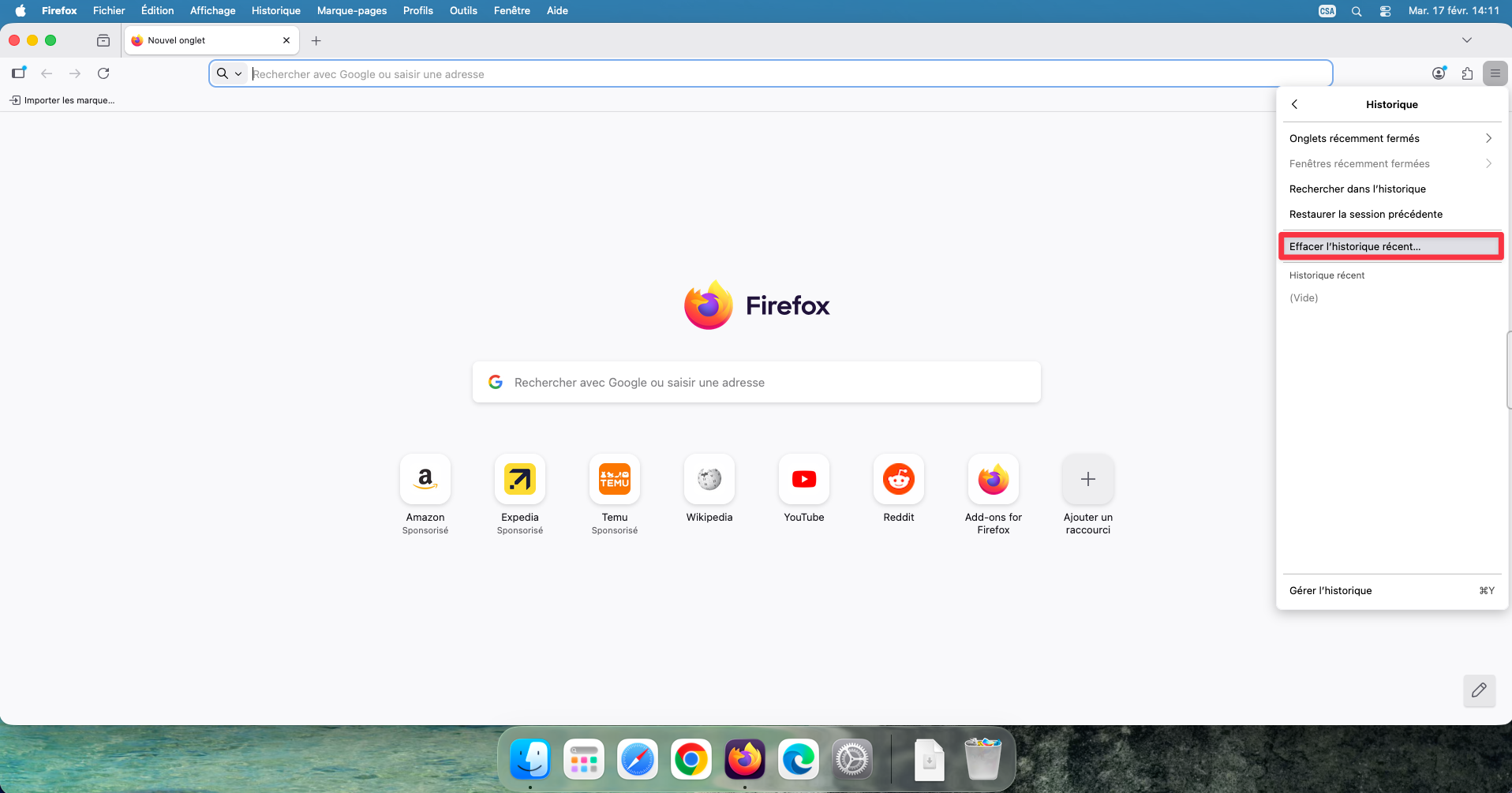 Option Effacer l'historique récent dans le sous-menu Historique de Firefox