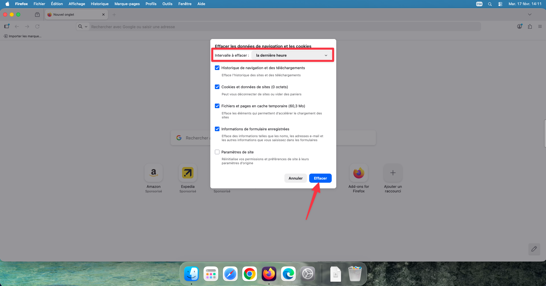 Fenêtre Effacer les données de navigation dans Firefox
