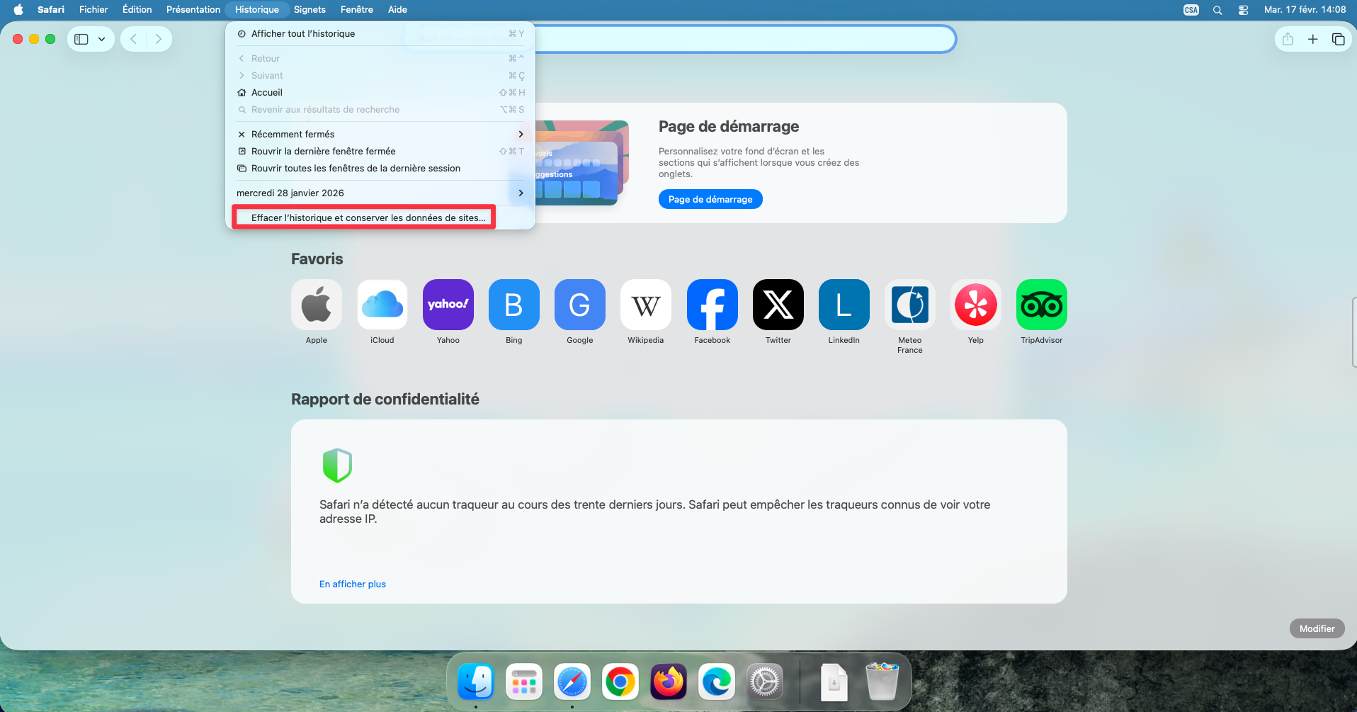 Option Effacer l'historique dans le menu Historique de Safari