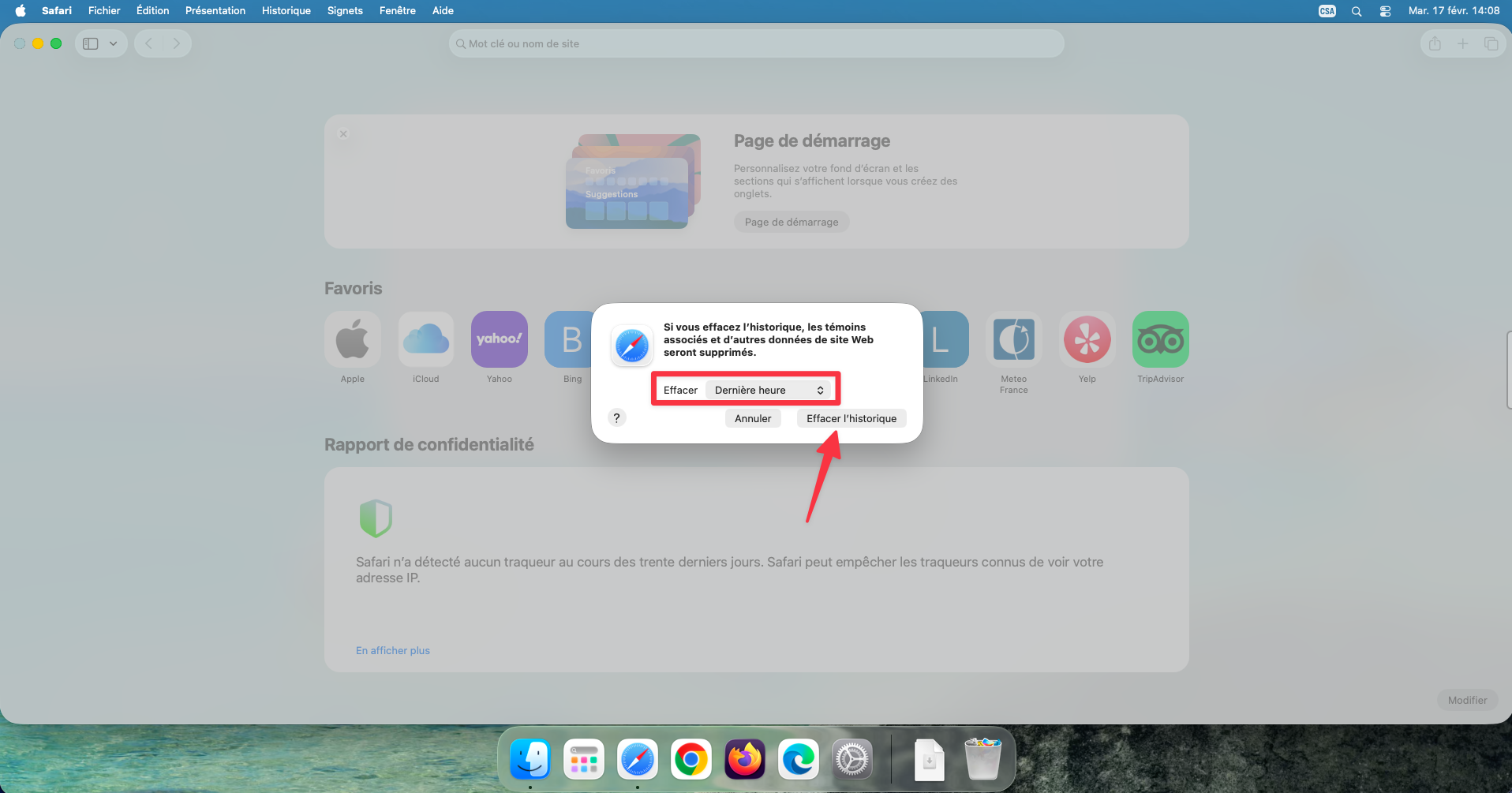 Fenêtre de confirmation pour effacer l'historique dans Safari
