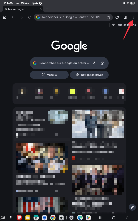 Menu trois points dans Chrome sur tablette Android