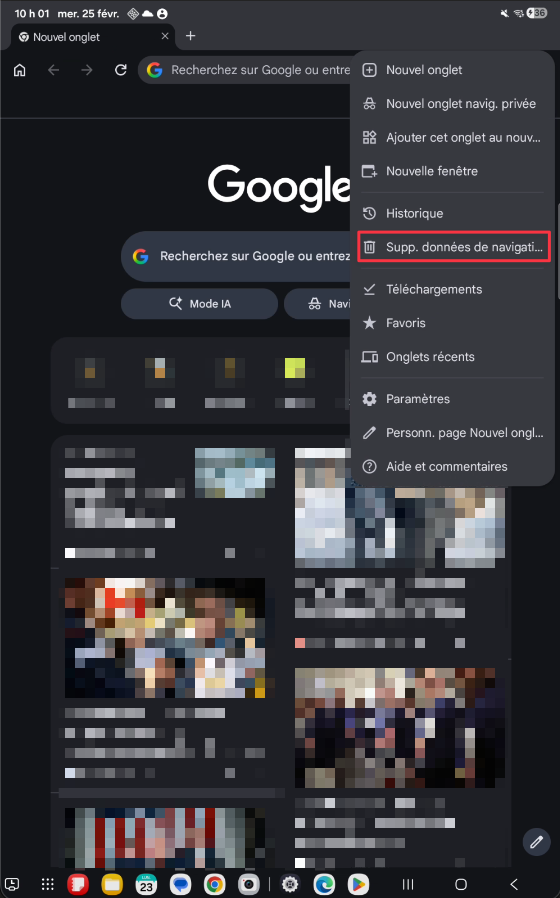 Option Supprimer les données de navigation dans le menu Chrome sur tablette