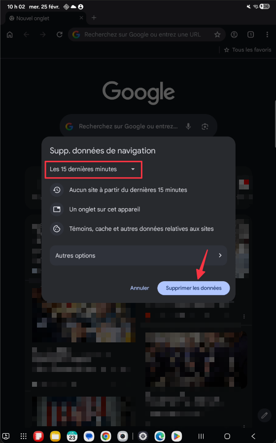 Fenêtre Supprimer les données de navigation dans Chrome sur tablette Android
